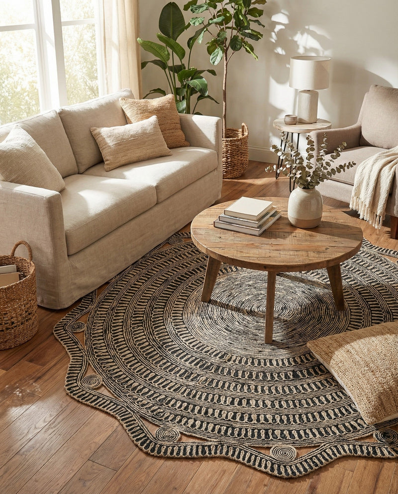 Woven Seaside Jute Collection Area Rug - Nantucket Round Black and White  lifestyle 55