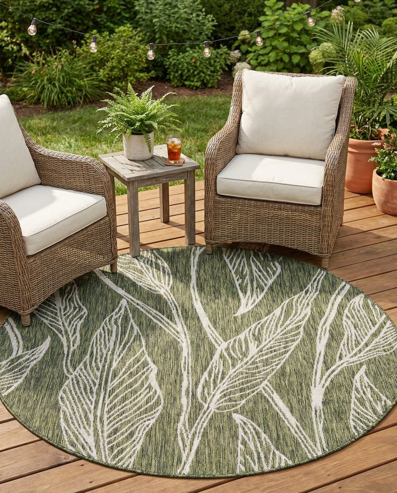 Seaside Blooms Collection Area Rug -  Evergreen (Green) Round Green  lifestyle 64
