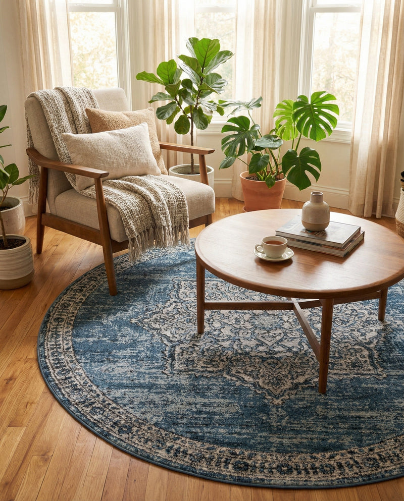 Mykonos Manor Collection Area Rug -  Tinos (Blue) Round Blue  lifestyle 55