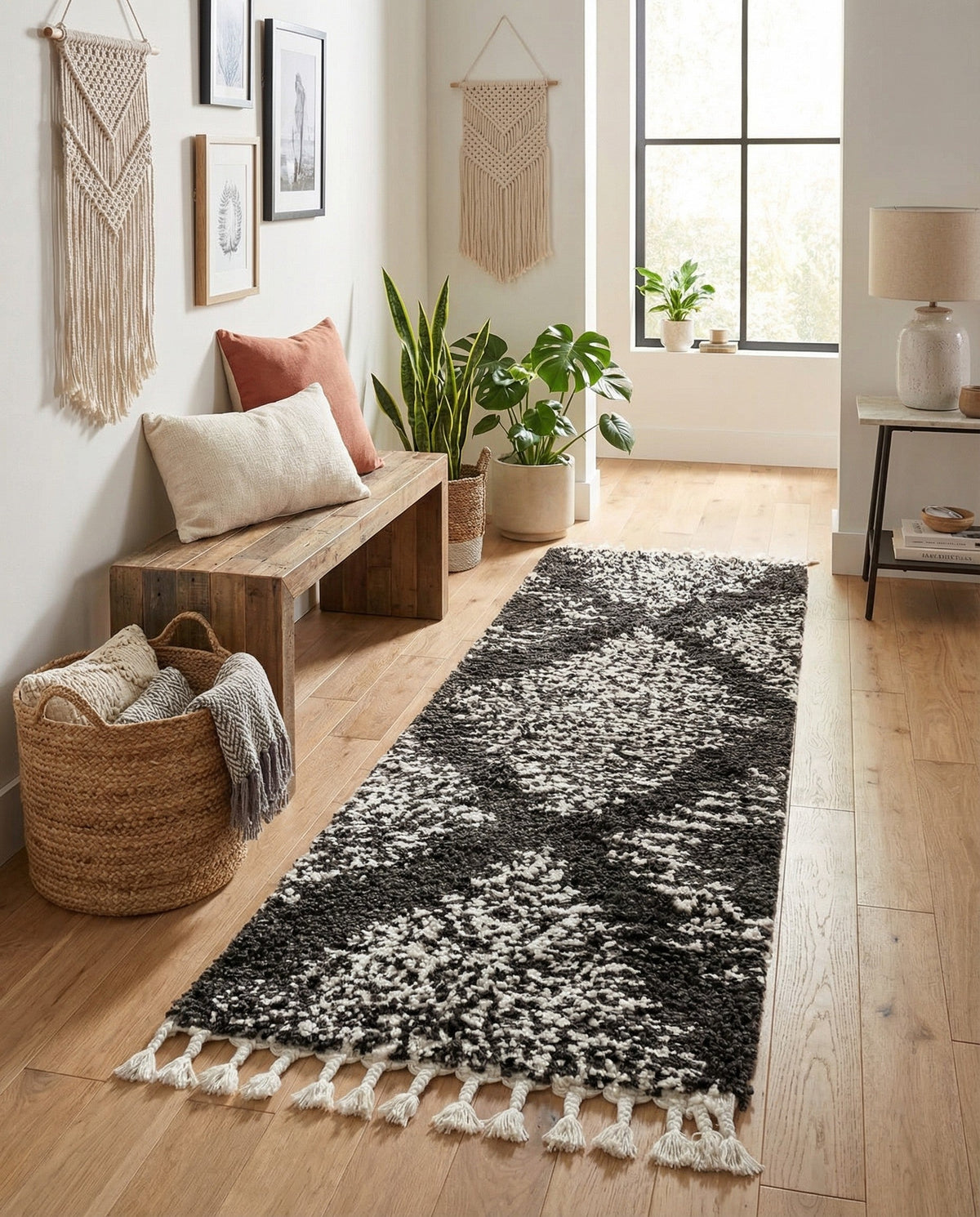 Tranquil Tides Shag Collection Area Rug -  Azure Runner Black and White  lifestyle 117