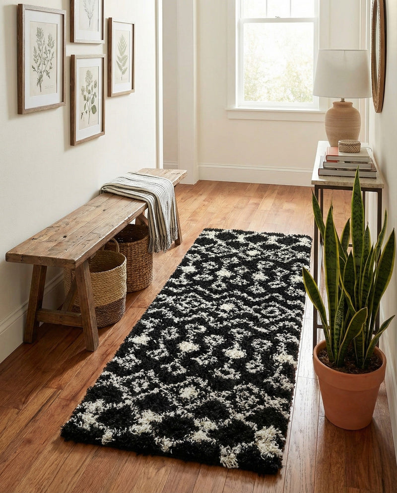 Berber Lattice Shag Collection Area Rug - Atlas (Black and White) Runner Black and White  lifestyle 29