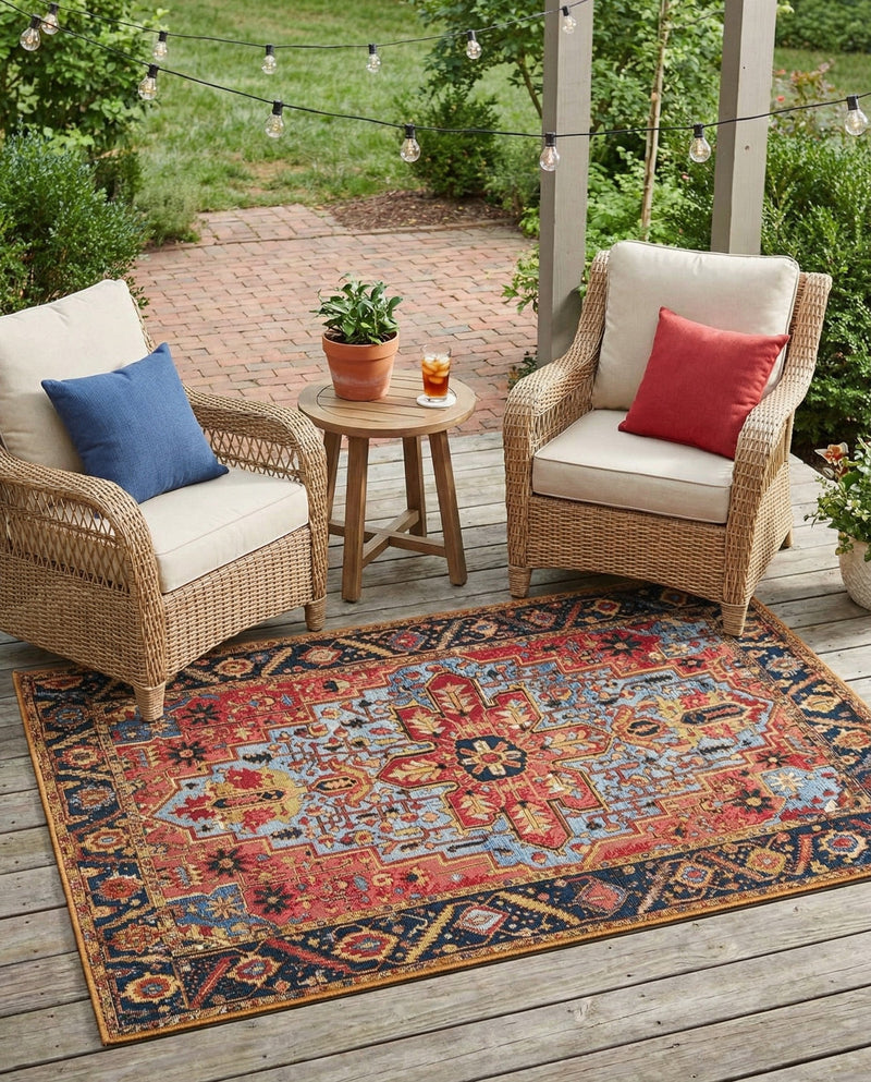 Patio Heritage Collection Area Rug -  Garden Rectangle Rust Red and Blue  lifestyle 34