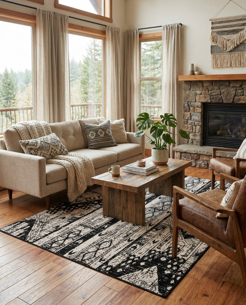 Cascade Range Collection Area Rug - Hood (Black and White) Rectangle Black and White  lifestyle 21