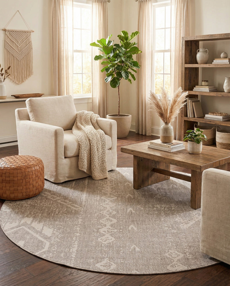 Desert Nomad Terrace Collection Area Rug - Sahara (Gray) Round Gray  lifestyle 75