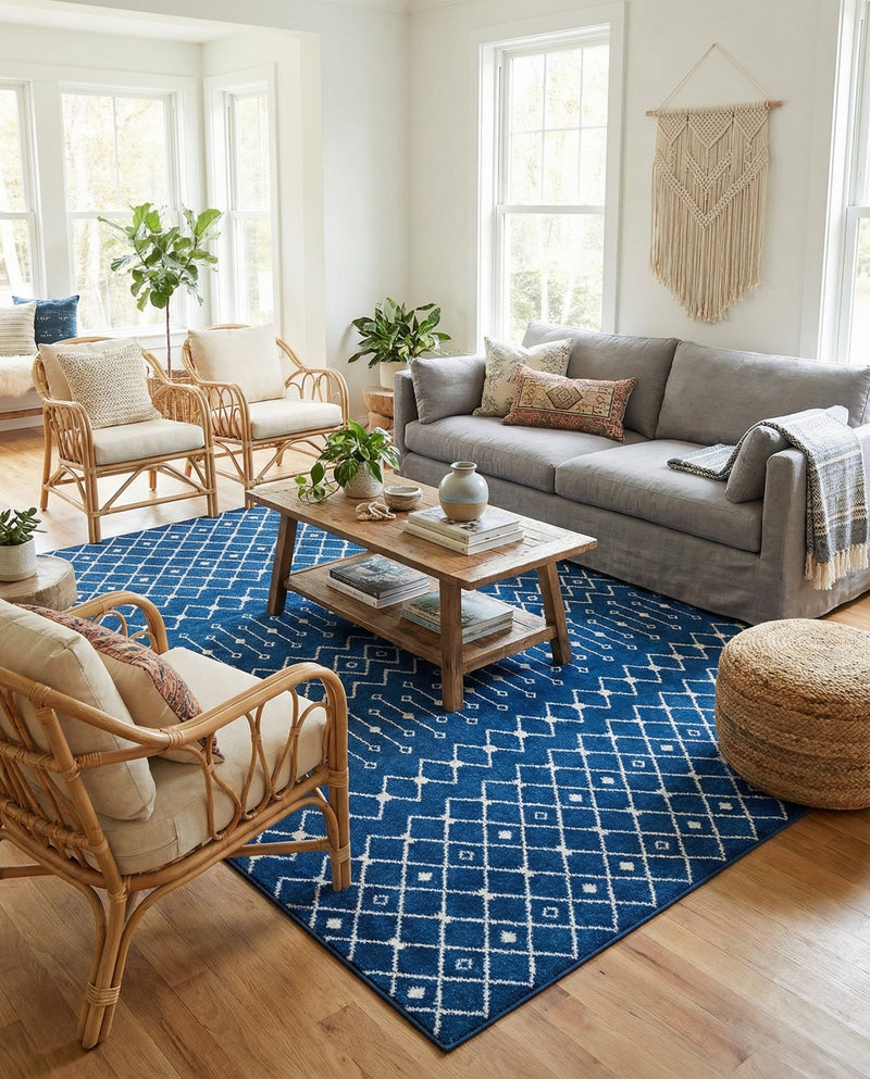Mediterranean Lattice Collection Area Rug - Santorini (Navy Blue) Rectangle Navy Blue  lifestyle 3
