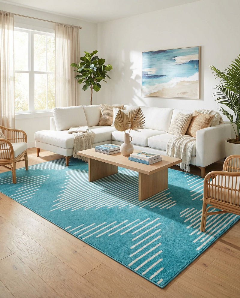 Seychelles Stripes Collection Area Rug - Mahe (Turquoise) Rectangle Turquoise  lifestyle 5