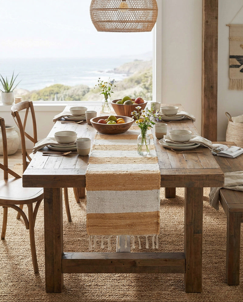 Tassel Trail Collection Area Rug - Pathway (Beige) Table Runner Beige  lifestyle 33
