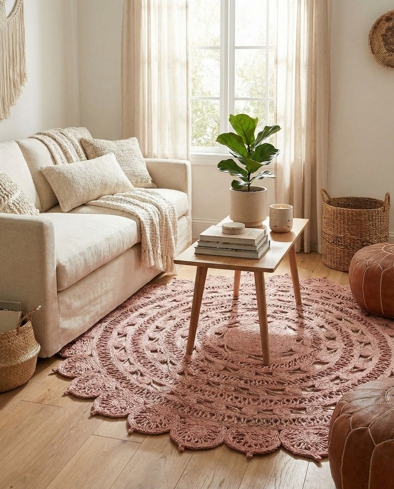 Woven Seaside Jute Collection Area Rug - Coastalhaven (Pink) Round Pink  lifestyle 31
