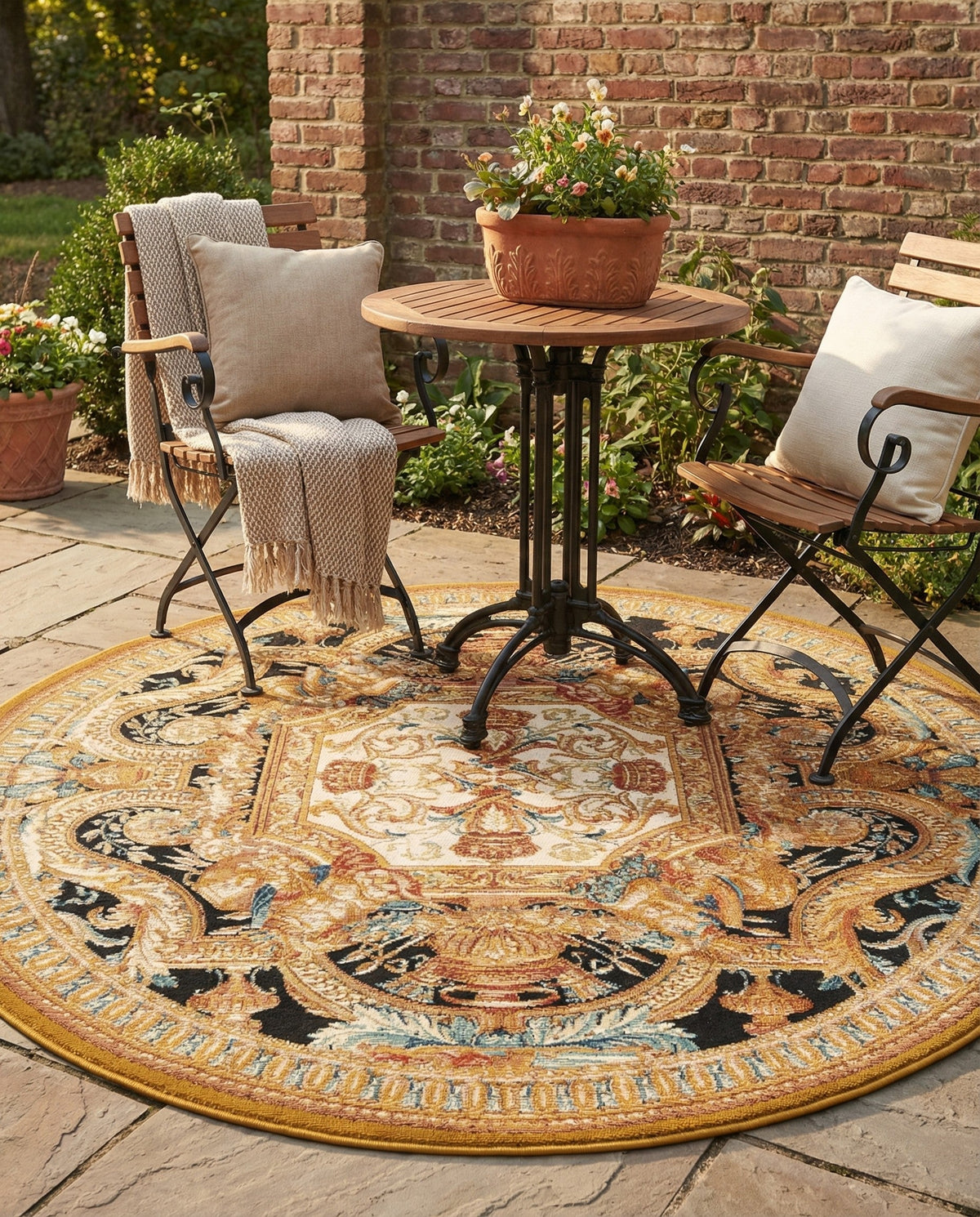 Patio Heritage Collection Area Rug - Veranda Round Black Gold Brown  lifestyle 85