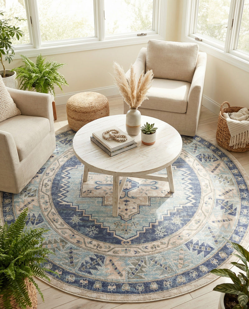 Savannah Series Collection Area Rug -  Augusta (Sky blue) Round Sky blue  lifestyle 80