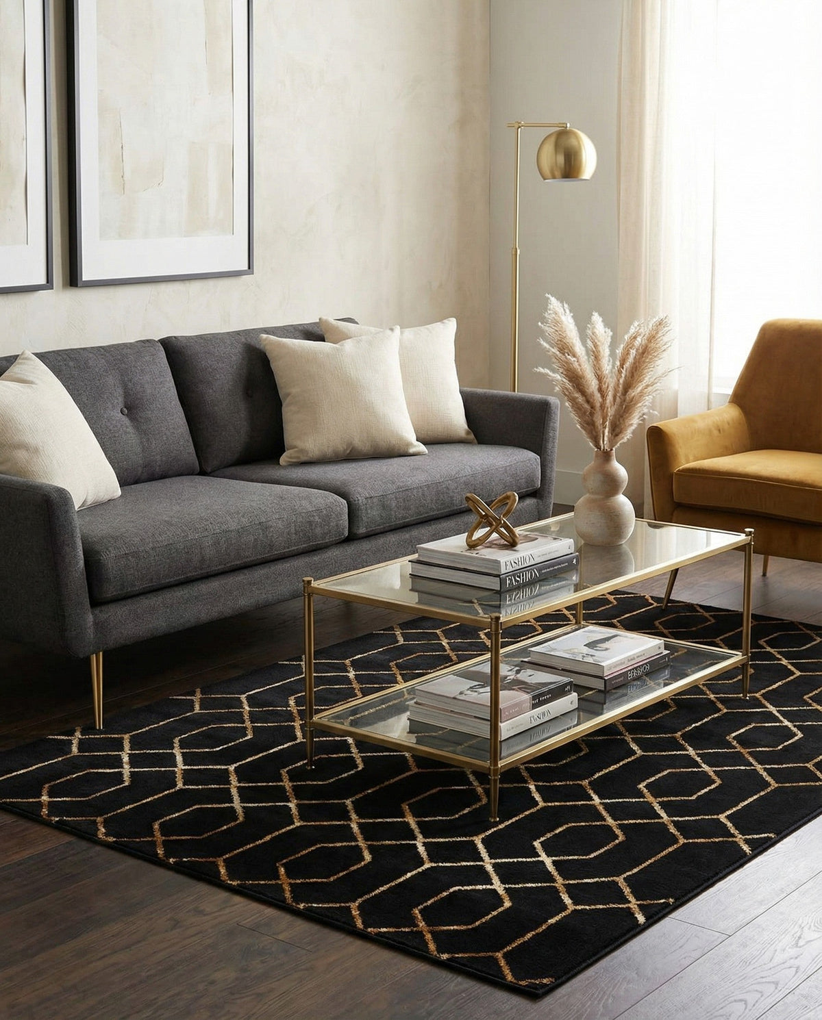 Hollywood Luxe Collection Area Rug - Sunset Rectangle Black and Gold  lifestyle 91