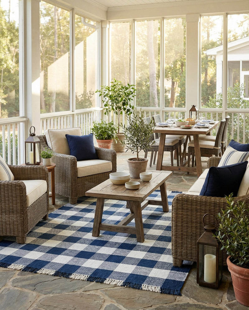Sustainable Grid Indoor-Outdoor Oasis Collection Area Rug - Savannah Rectangle Navy Blue  lifestyle 47