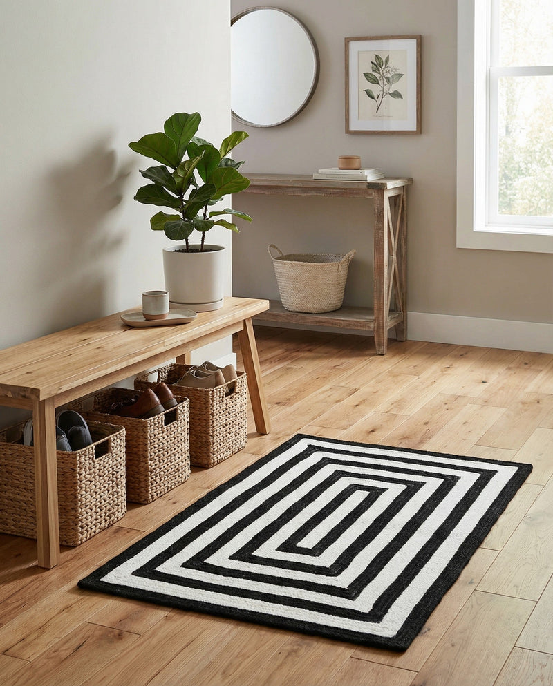 Sustainable Strands Indoor-Outdoor Oasis Collection Area Rug - Harborview Rectangle Black and White  lifestyle 47