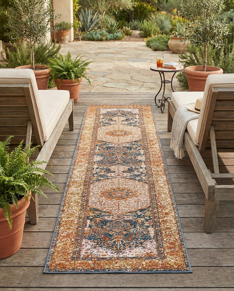 Patio Heritage Collection Area Rug -  Courtyard Runner Navy Blue and Light Pink  lifestyle 61