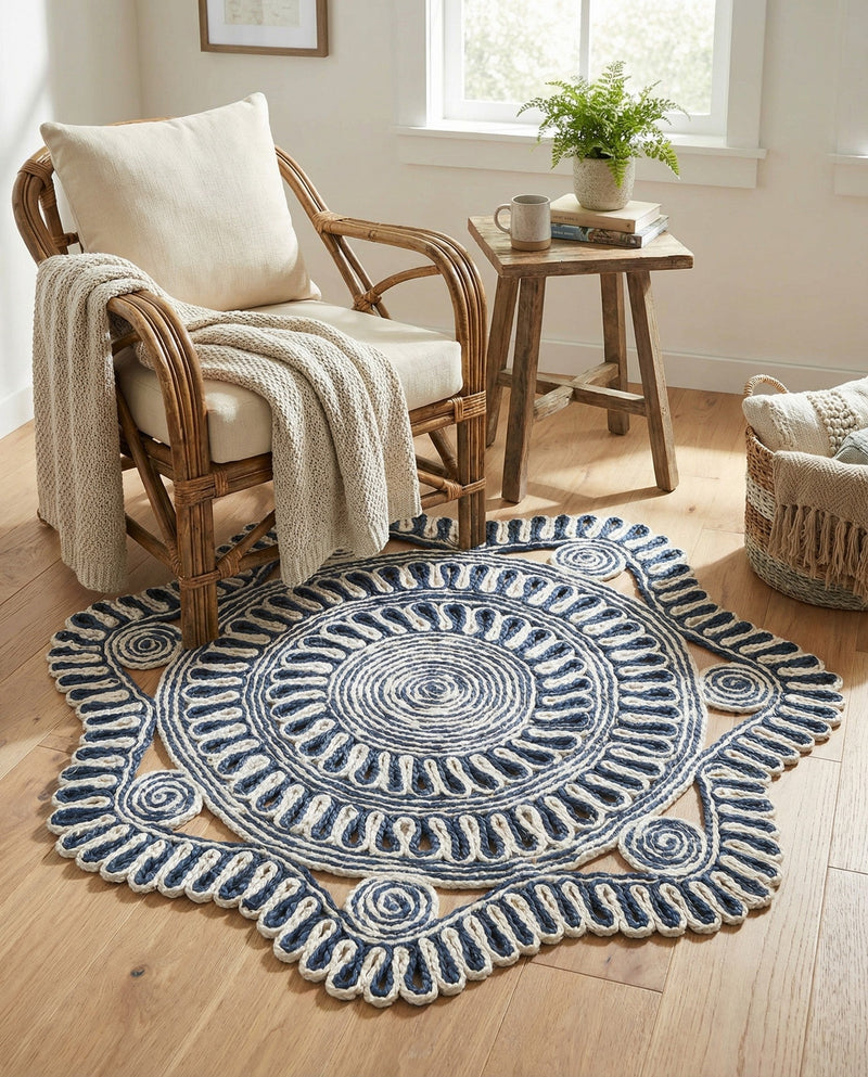Woven Seaside Jute Collection Area Rug - Nantucket Round Navy and White  lifestyle 35
