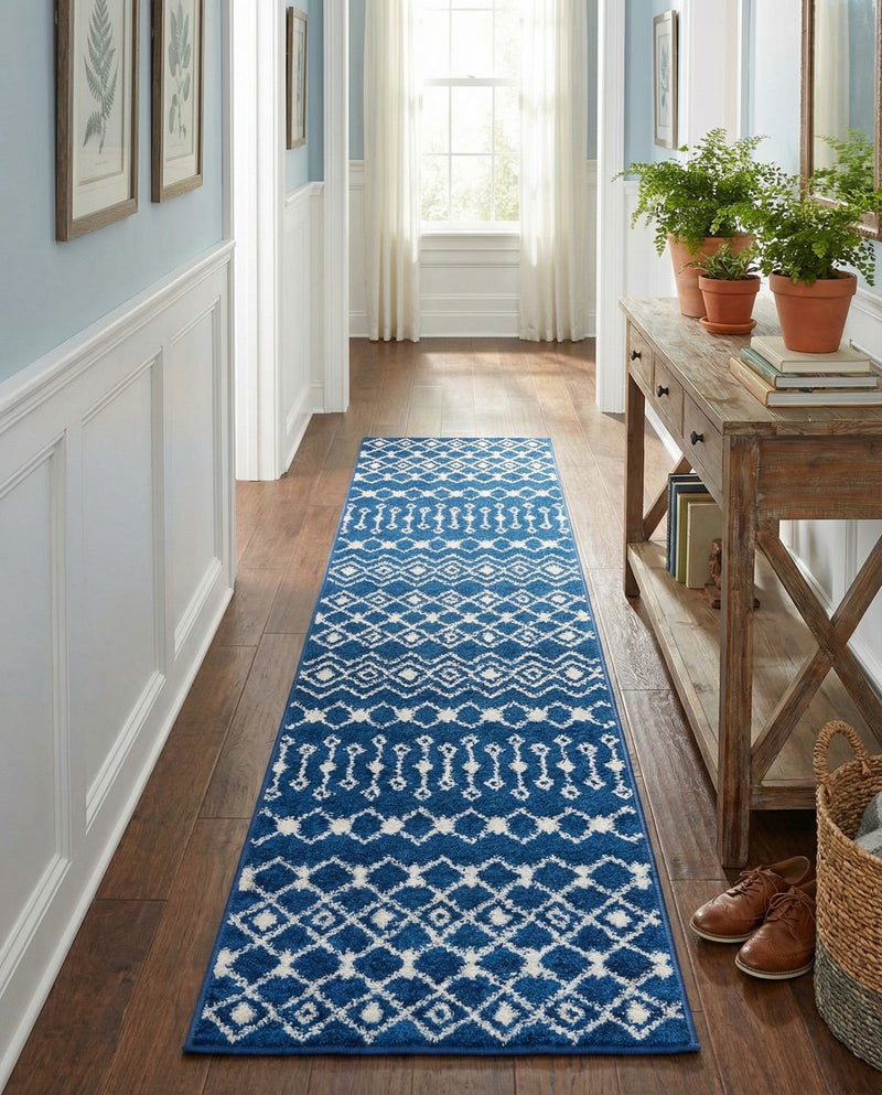 Mediterranean Lattice Collection Area Rug - Santorini (Navy Blue) Runner Navy Blue  lifestyle 78