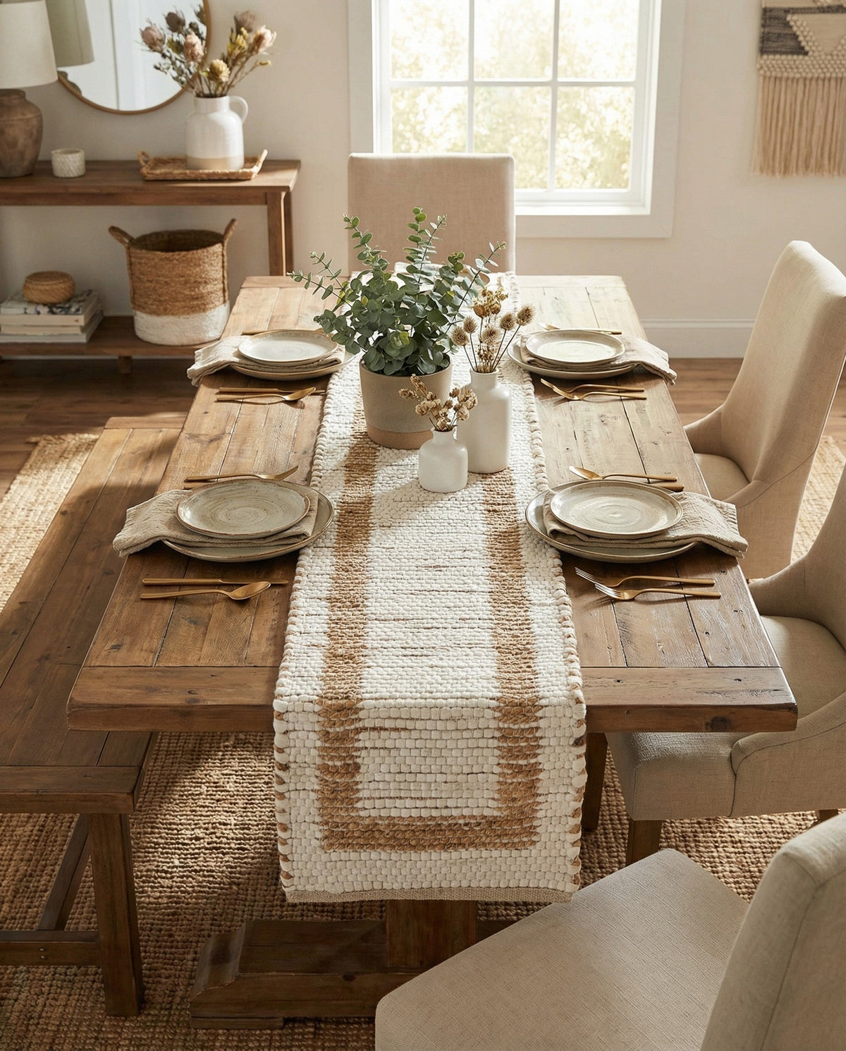 Osian Looms Collection Area Rug - Durham Table Runner White and Natural  lifestyle 187