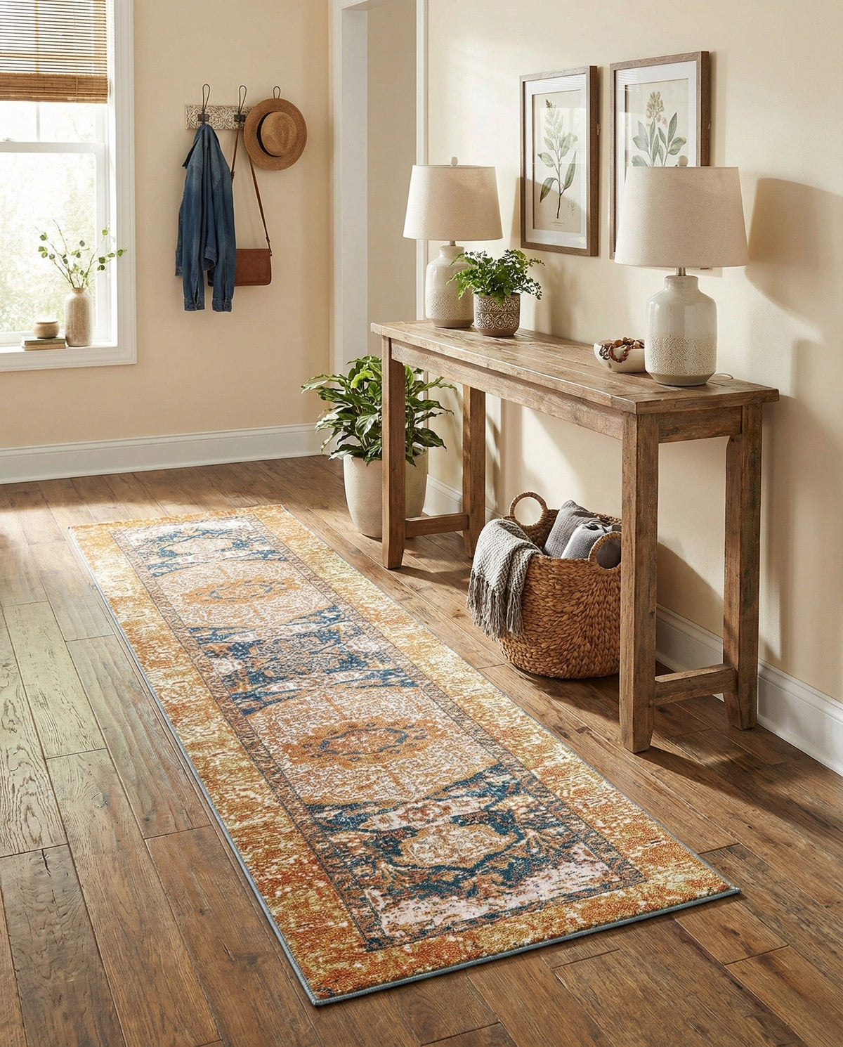 Patio Heritage Collection Area Rug -  Courtyard Runner Navy Blue and Light Pink  lifestyle 102