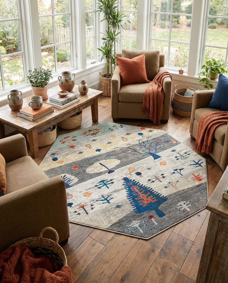 Colorburst Oasis Collection Area Rug -  Mosaic Octagon Ivory Gray Blue  lifestyle 73