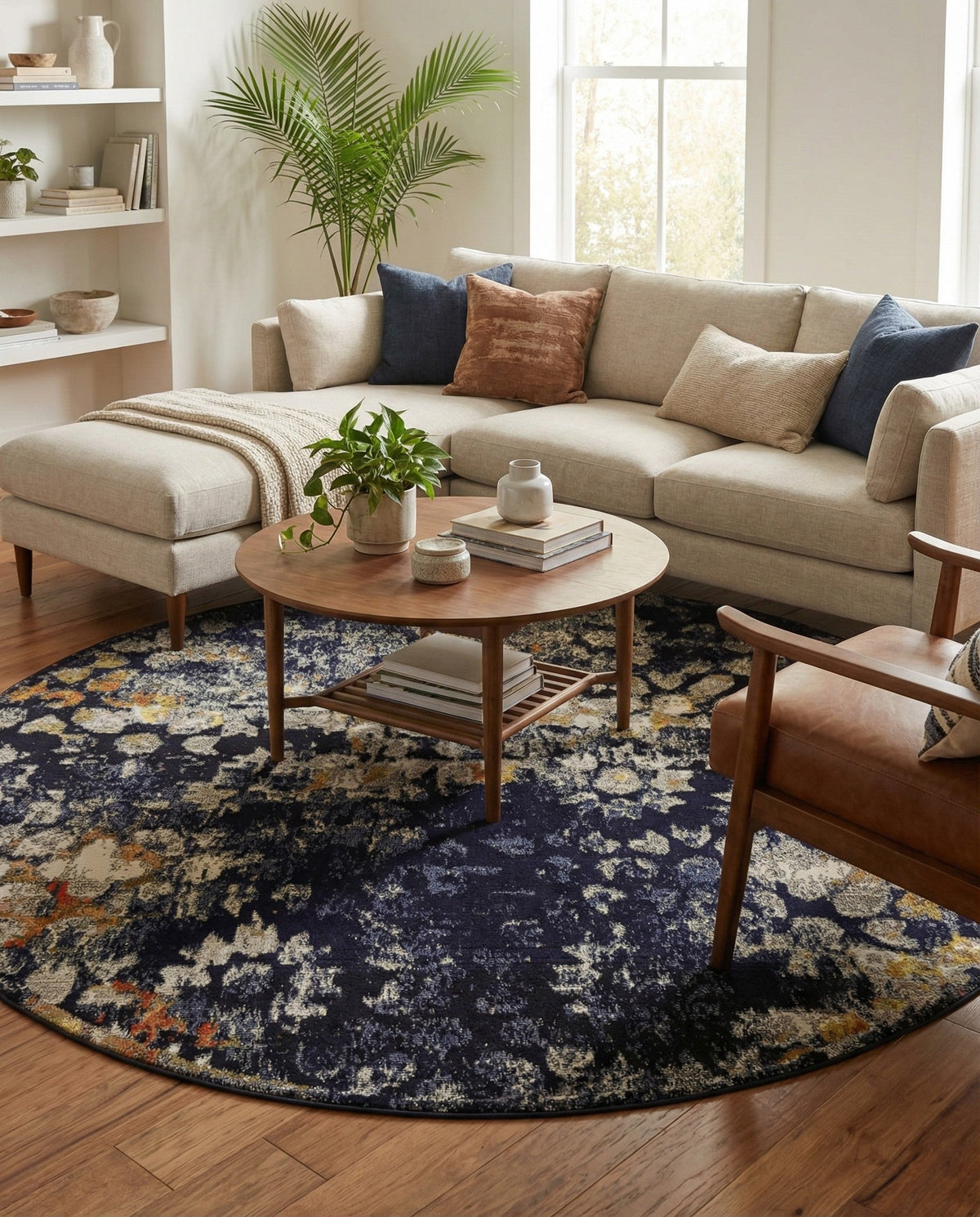Venetian Tapestry Collection Area Rug - Murano Round Navy Blue  lifestyle 79