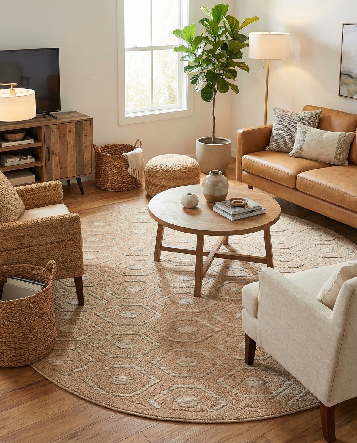 Garden Lattice Charm Collection Area Rug - Arbor (Beige) Round Beige  lifestyle 29