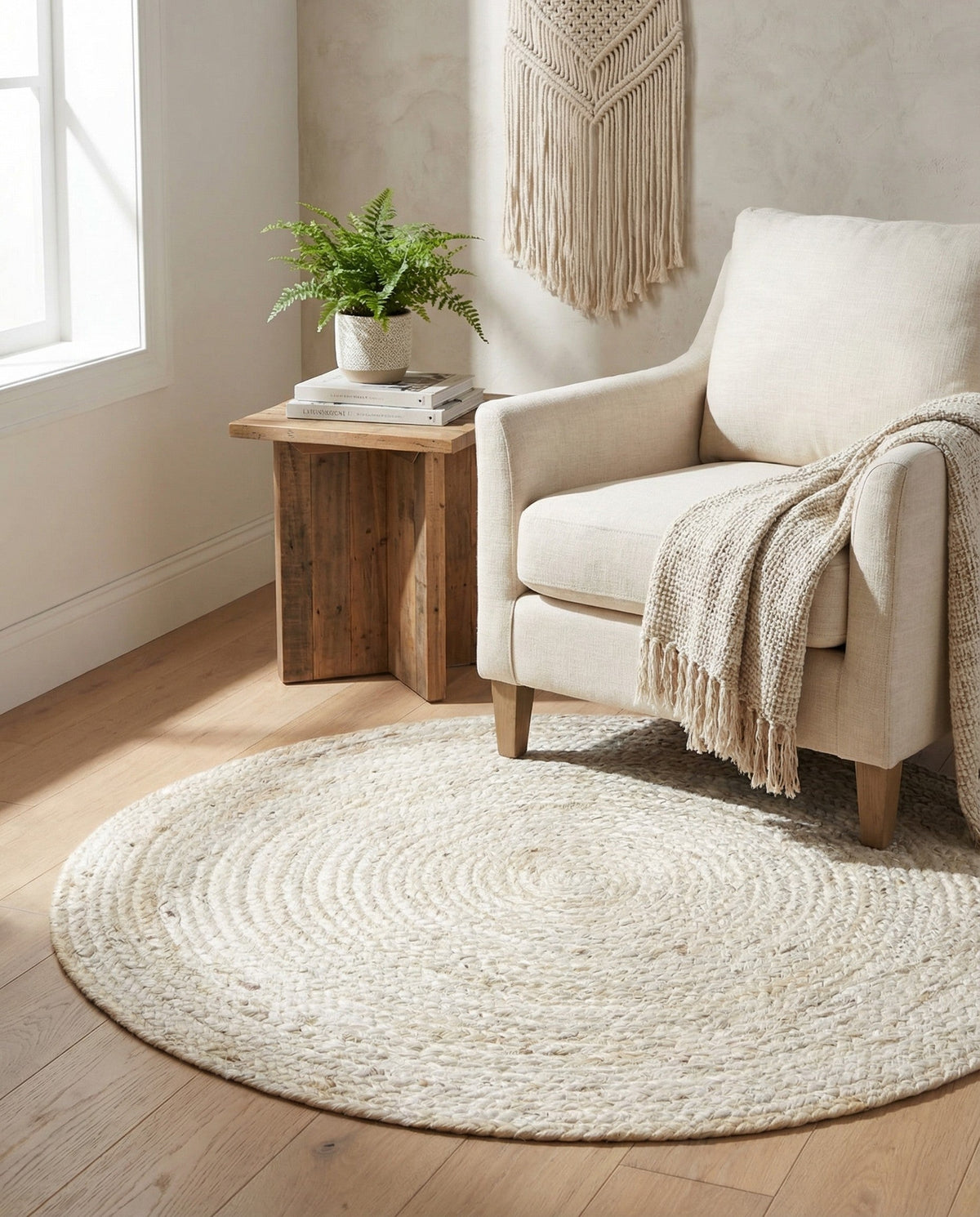 Woven Seaside Jute Collection Area Rug - Savannah (White) Round White  lifestyle 88