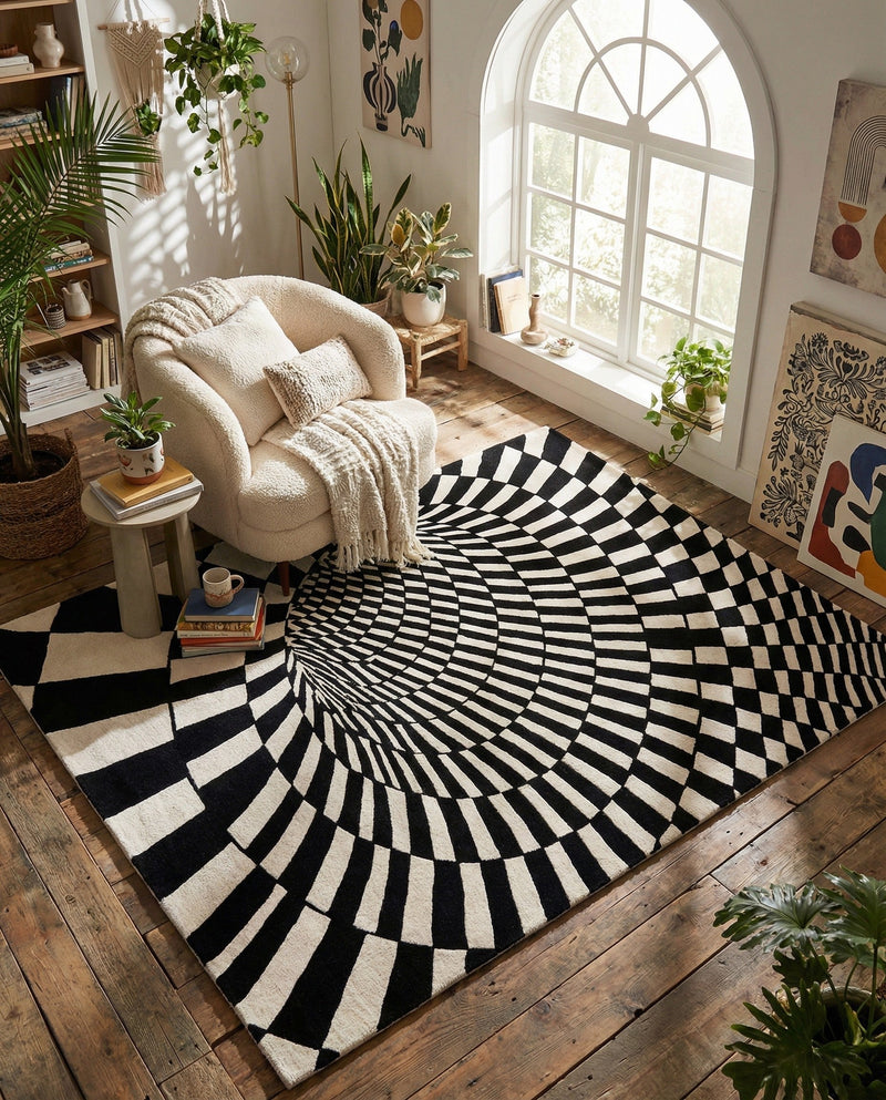 Cyclone Wool Collection Area Rug - Tornado Rectangle Black and White  lifestyle 8