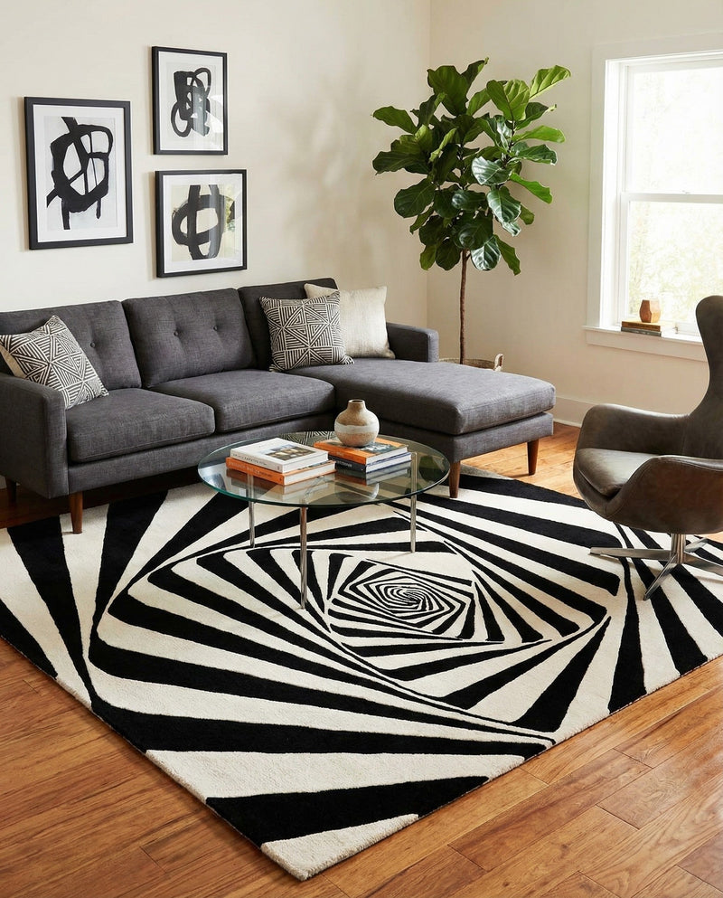 Cyclone Wool Collection Area Rug -  Twister Square Black and White  lifestyle 43