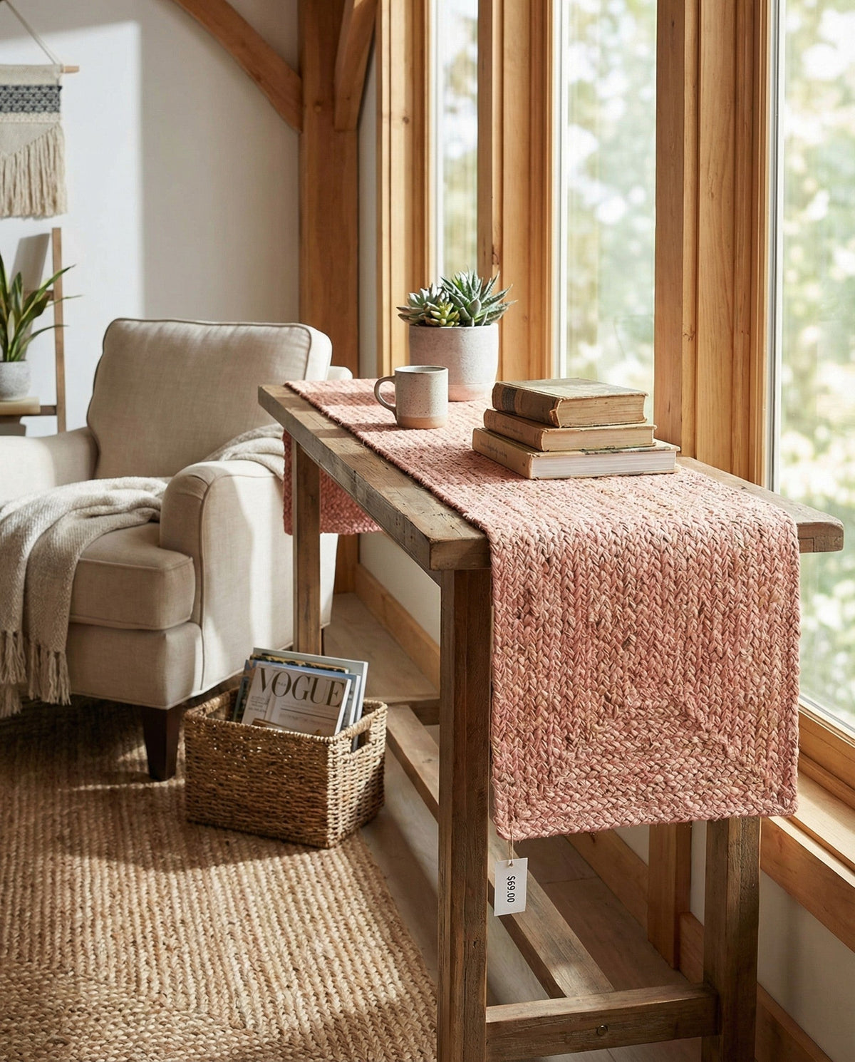 Woven Seaside Jute Collection Area Rug - Savannah (Light Pink) Table Runner Light Pink  lifestyle 85