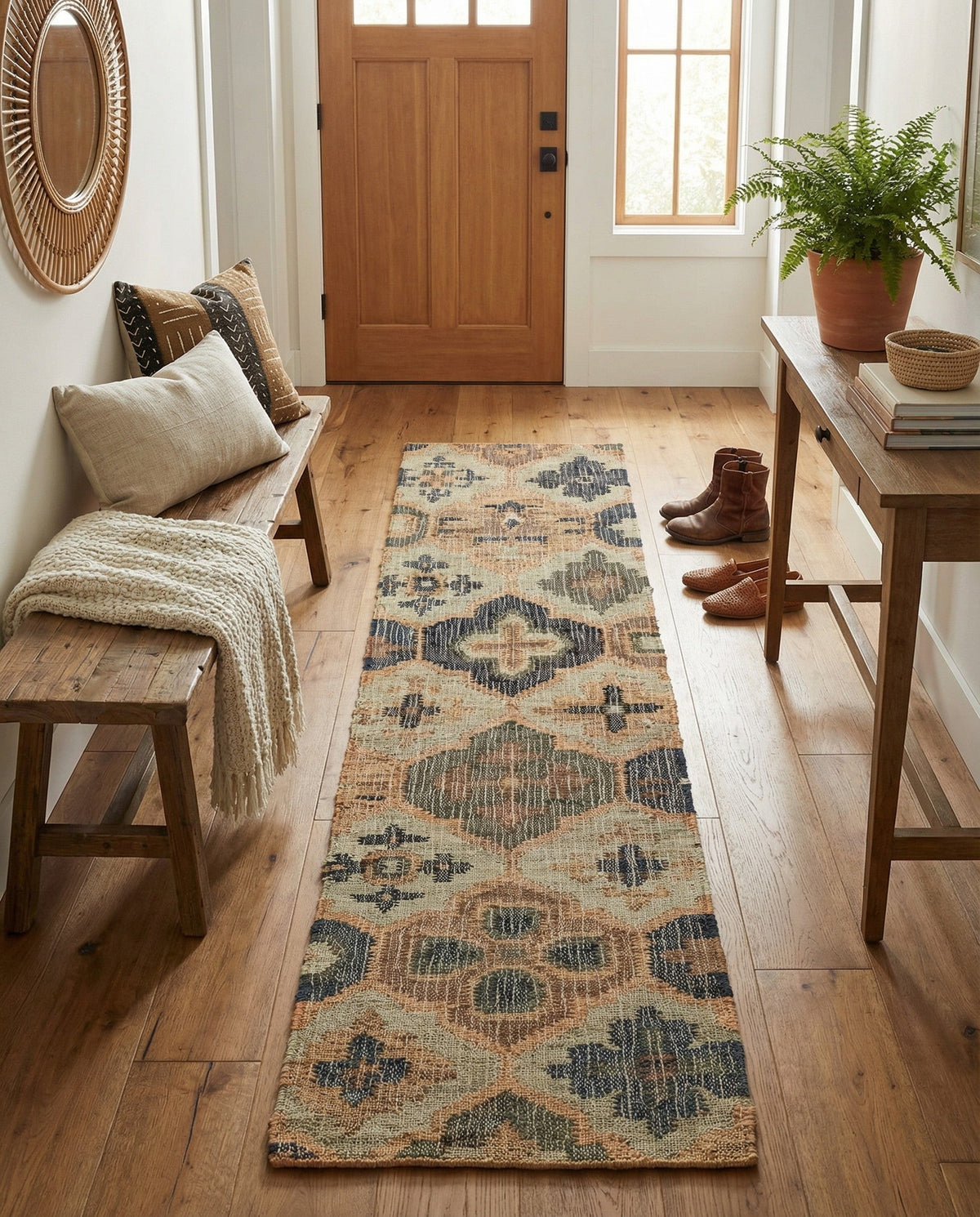 Benares Handwoven Jute Collection Area Rug - Ganges Runner Blue and Green  lifestyle 57