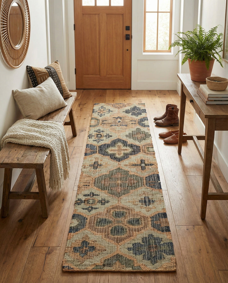 Benares Handwoven Jute Collection Area Rug - Ganges Runner Blue and Green  lifestyle 57