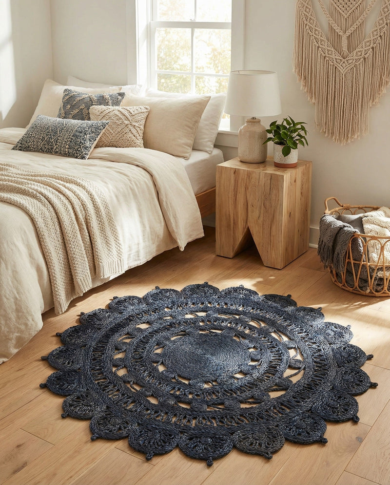 Woven Seaside Jute Collection Area Rug - Coastalhaven (Navy Blue) Round Navy Blue  lifestyle 14