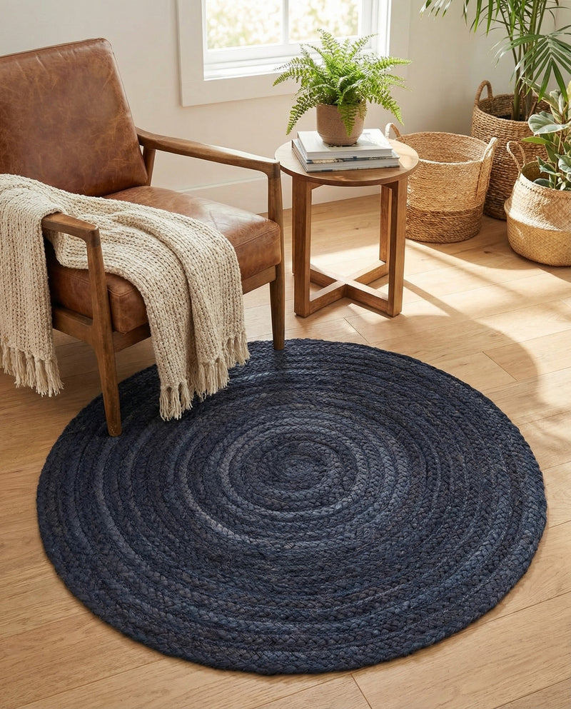 Woven Seaside Jute Collection Area Rug - Savannah (Navy Blue) Round Navy Blue  lifestyle 57