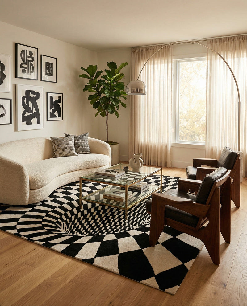 Cyclone Wool Collection Area Rug - Tornado Square Black and White  lifestyle 37