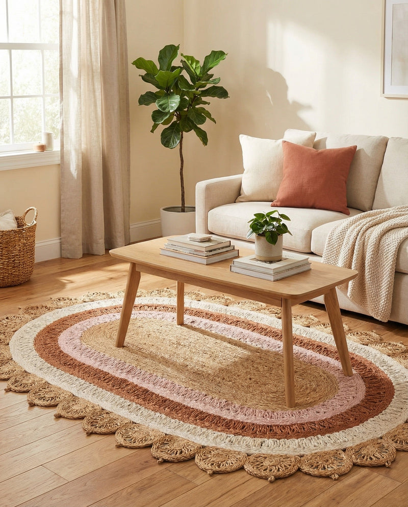Woven Seaside Jute Collection Area Rug - Coastalhaven (Natural White Orange Pink) Oval Natural White Orange Pink  lifestyle 9