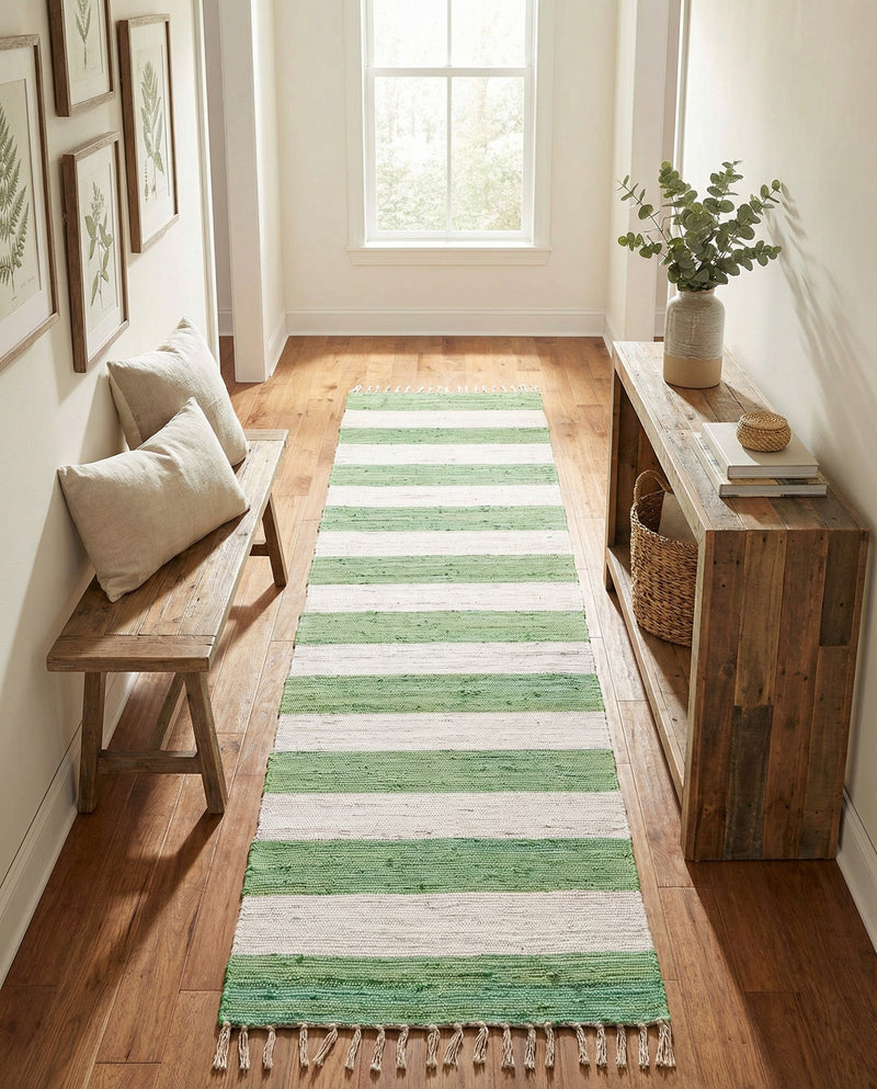 Tassel Trail Collection Area Rug - Pathway (Green and Ivory) Runner Green and Ivory  lifestyle 35