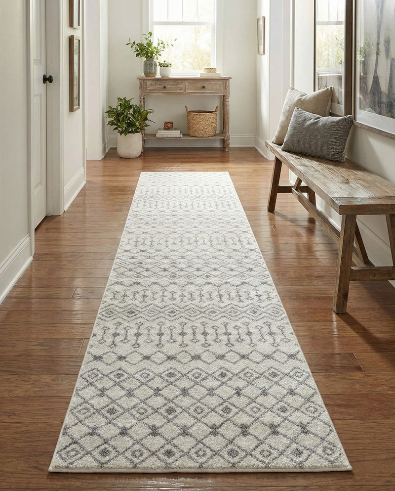 Mediterranean Lattice Collection Area Rug - Santorini (Ivory and Gray) Runner Ivory and Gray  lifestyle 35