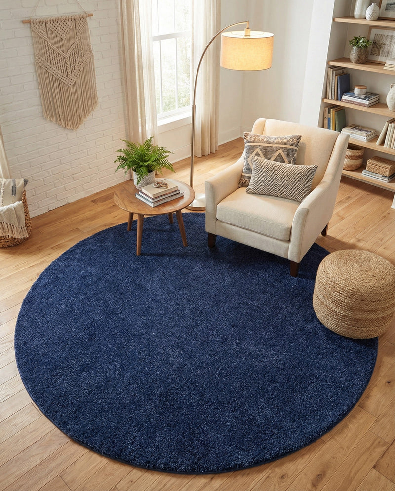 Solid Shag Seaside Collection Area Rug - Azure Cove (Navy Blue) Round Navy Blue  lifestyle 77