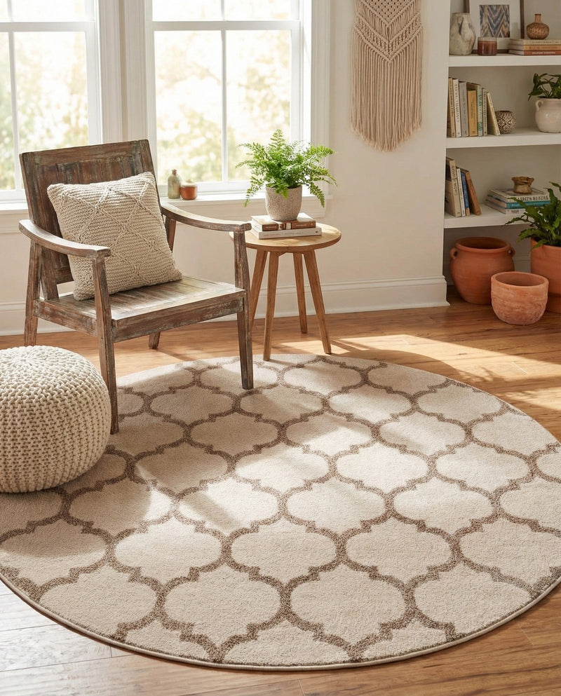 Lattice Gardens Collection Area Rug -  Bloomfield (Beige and Light Brown) Round Beige and Light Brown  lifestyle 45