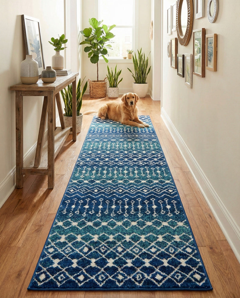 Mediterranean Lattice Collection Area Rug - Santorini (Navy and Teal) Runner Navy and Teal  lifestyle 51