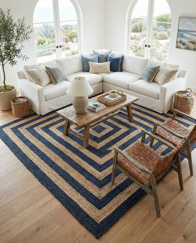 Woven Seaside Jute Collection Area Rug - Nautilus Square Navy Blue Natural  lifestyle 34