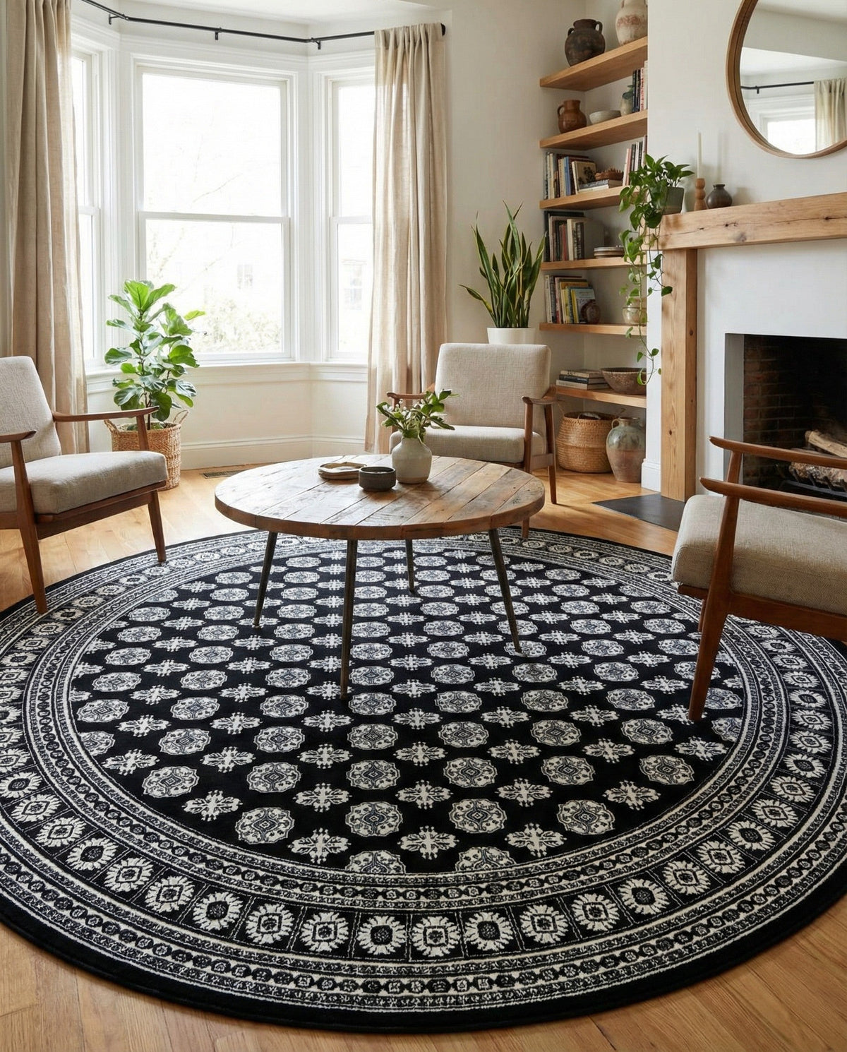 Samarkand Elegance Collection Area Rug -  Margilan (Black and White) Round Black and White  lifestyle 85