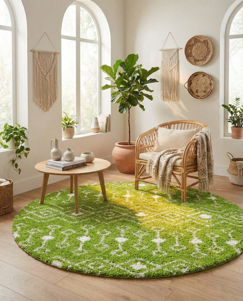 Berber Lattice Shag Collection Area Rug - Atlas (Green) Round Green  lifestyle 55