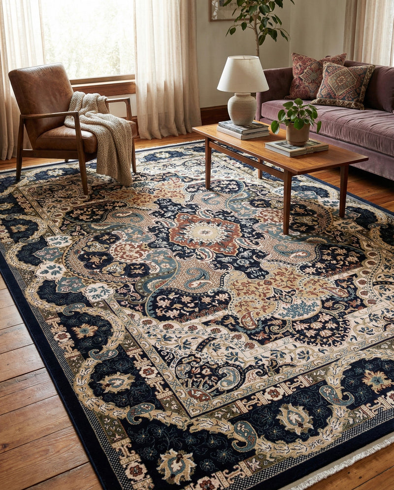 Persian Elegance Collection Area Rug -  Shiraz Rectangle Navy Blue  lifestyle 31
