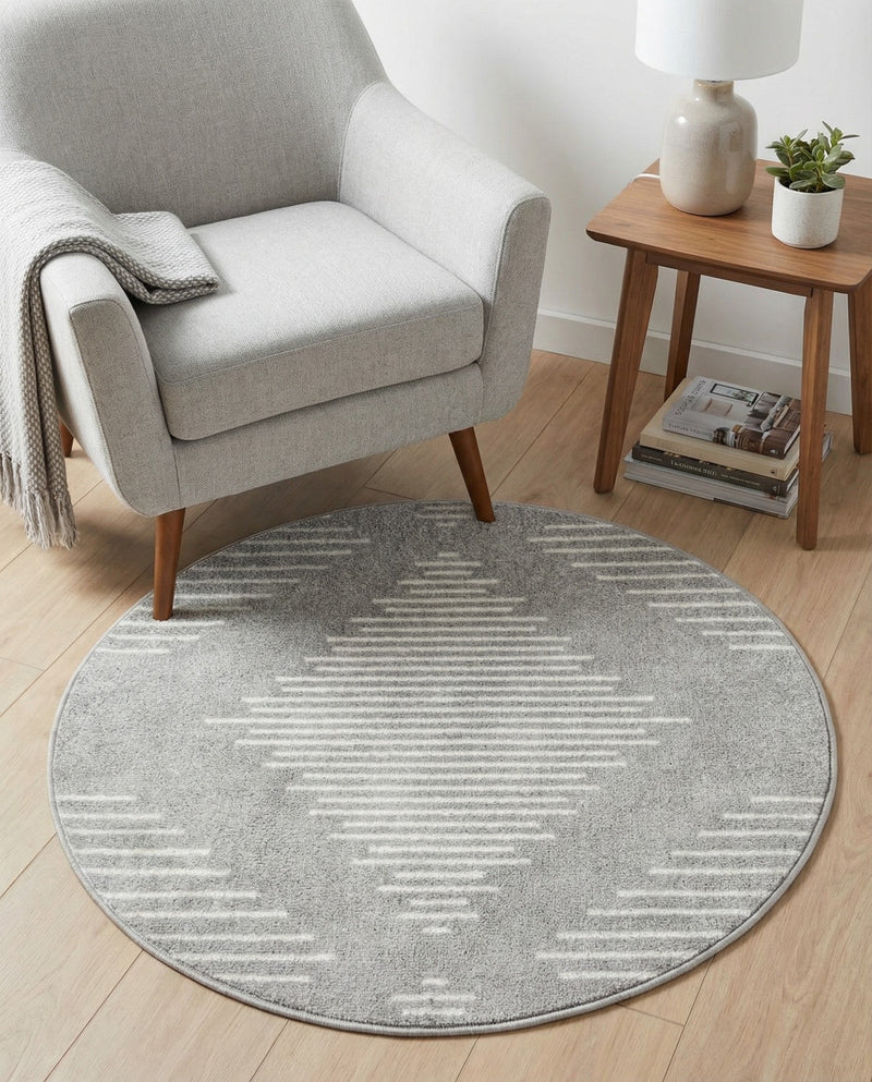 Seychelles Stripes Collection Area Rug - Mahe (Ivory and Gray) Round Ivory and Gray  lifestyle 76