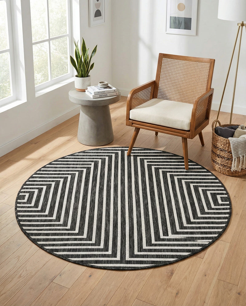 Urban Terrace Collection Area Rug -  Astoria (Black and White) Round Black and White  lifestyle 48