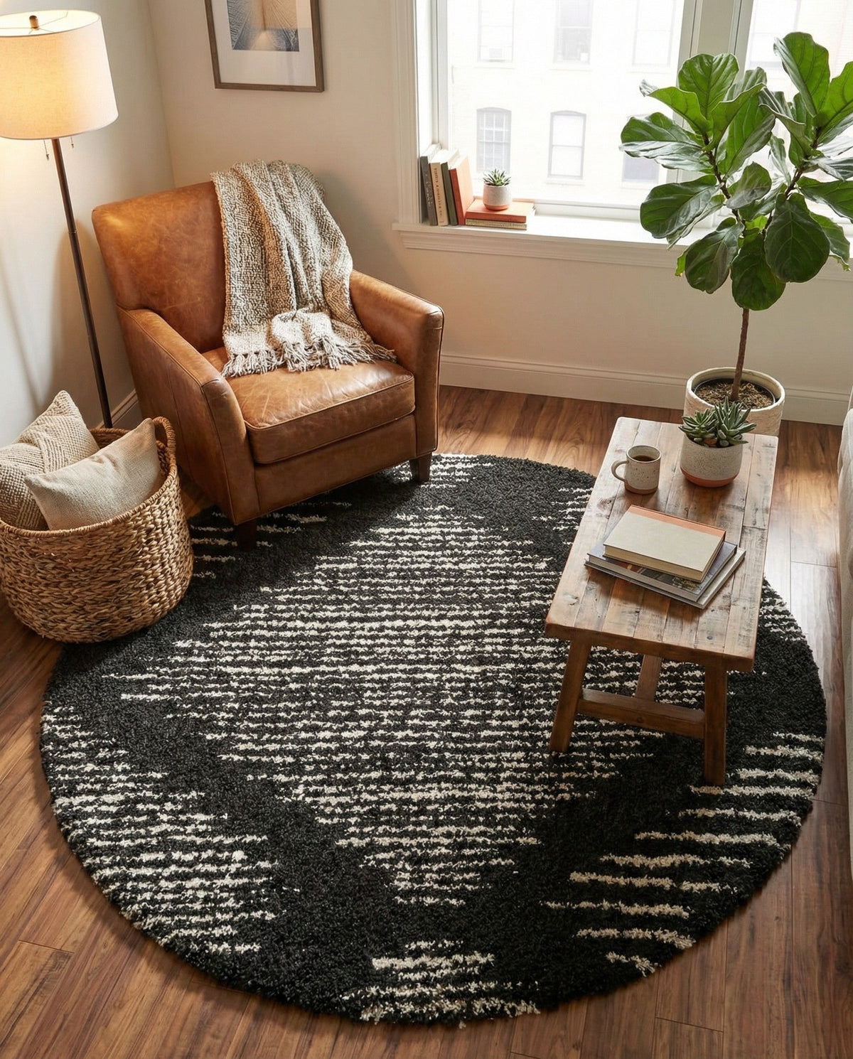 Tranquil Tides Shag Collection Area Rug -  Azure Round Black and White  lifestyle 186