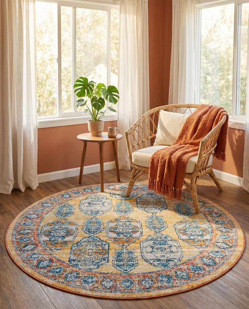 Seville Stripes Collection Area Rug -  Granada (Yellow) Round Yellow  lifestyle 64