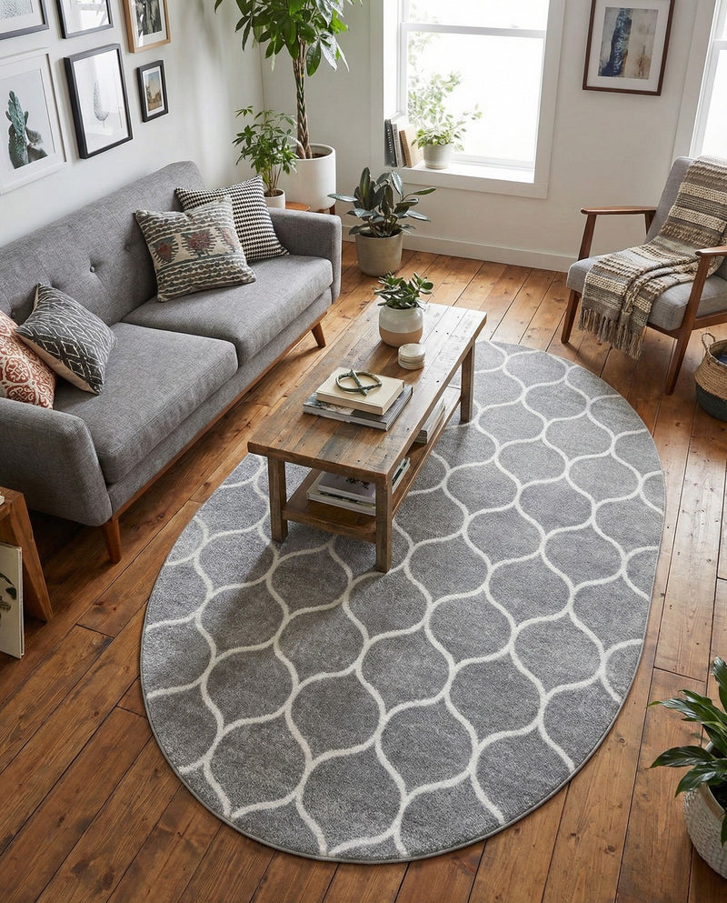Trellis Mosaic Collection Area Rug -  Pergolatown (Light Gray) Oval Light Gray  lifestyle 84