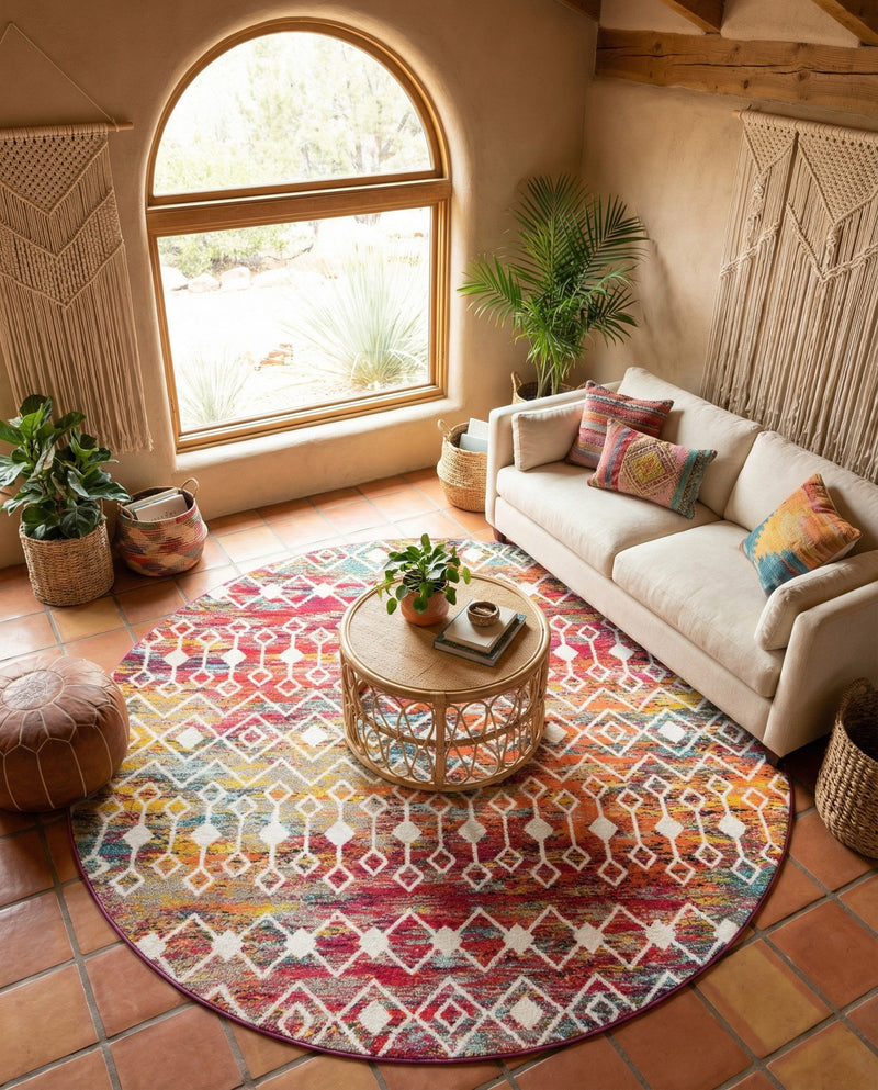 Mediterranean Lattice Collection Area Rug - Santorini (Multi) Round Multi  lifestyle 63